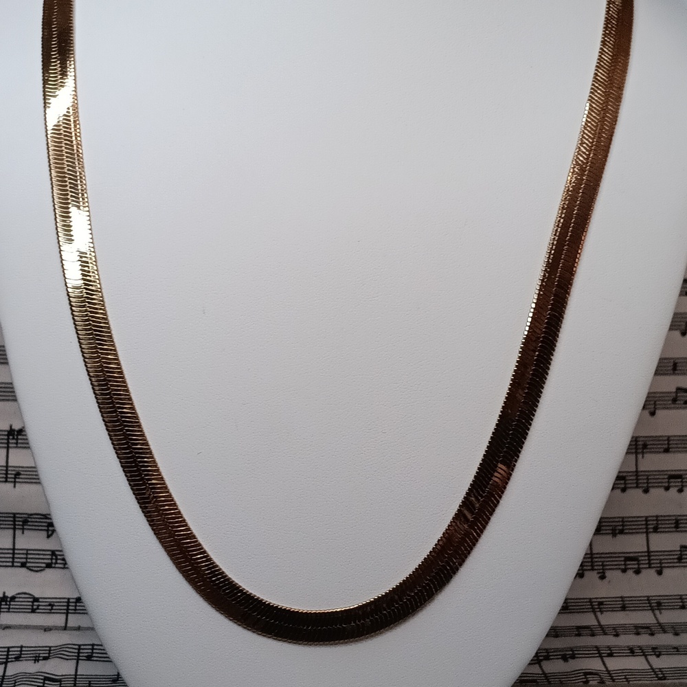 Gold Tone Wide Herringbone Chain Necklace 24" Wide